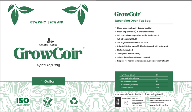 Arable Acres GrowCoir Prefilled Open Top Bags - Triple Washed Coconut Coir - 63% WHC / 20% AFP - Black Label Supply llc