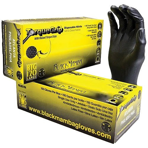 Black Mamba TorqueGrip™ Disposable Nitrile Gloves - 100ct Box - Black - 7mil Thick - Raised TorqueGrip™ Finish - Powder - Free - Black Label Supply llc