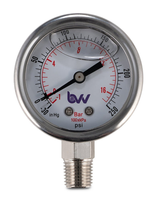 Glycerin Filled Compound Gauge with 1/4" NPT Base - ( - 30) - 250 PSI - Black Label Supply llc