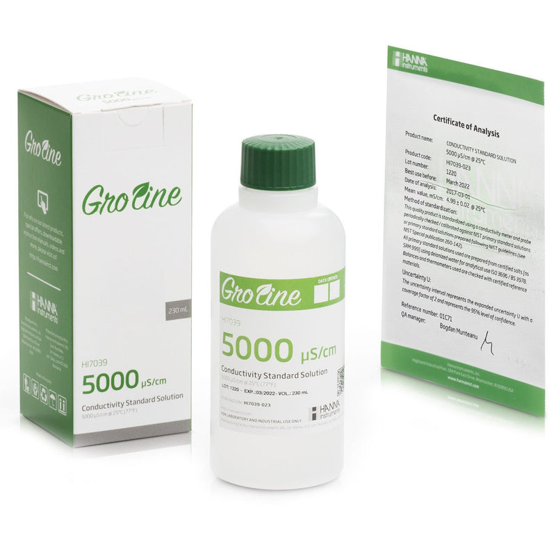 GroLine 5000 µS/cm @25°C Conductivity Standard Solution, box with Certificate of Analysis, 230 mL bottle - Black Label Supply llc