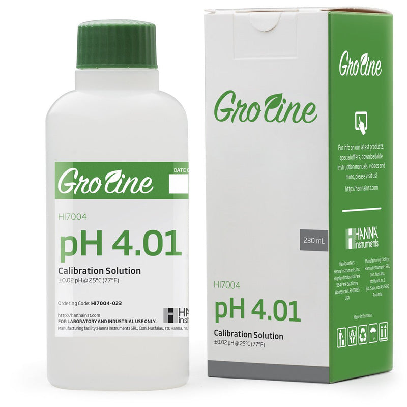 GroLine pH 4.01 Buffer Solution (+/ - 0.02 pH accuracy @ 25°C) with Certificate of Analysis, 230 mL bottle - Black Label Supply llc