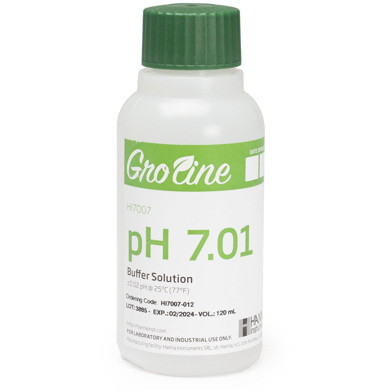 GroLine pH 7 buffer (+/ - 0.02 pH accuracy), 120 ml, box, certificate of analysis - Black Label Supply llc