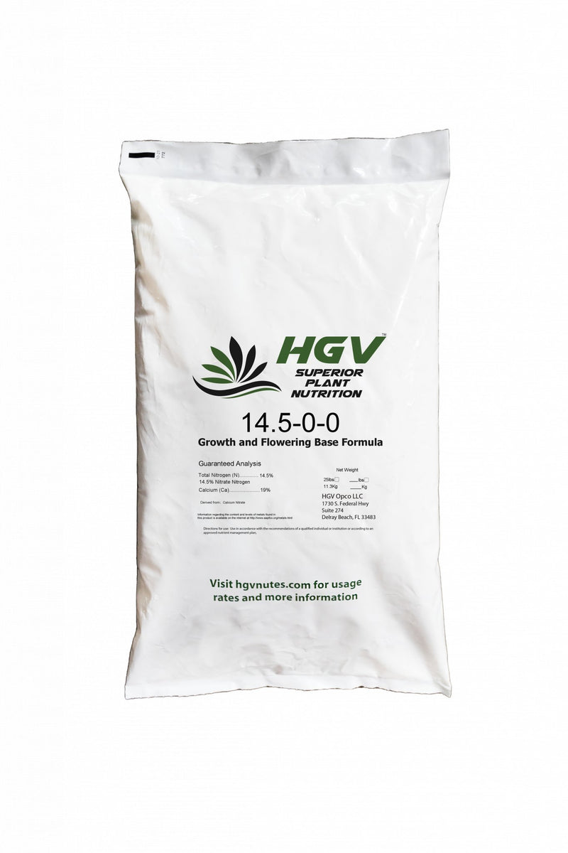 HGV Nutrients Growth and Flowering Base Formula 14.5 - 0 - 0, 25 lbs. - Black Label Supply llc